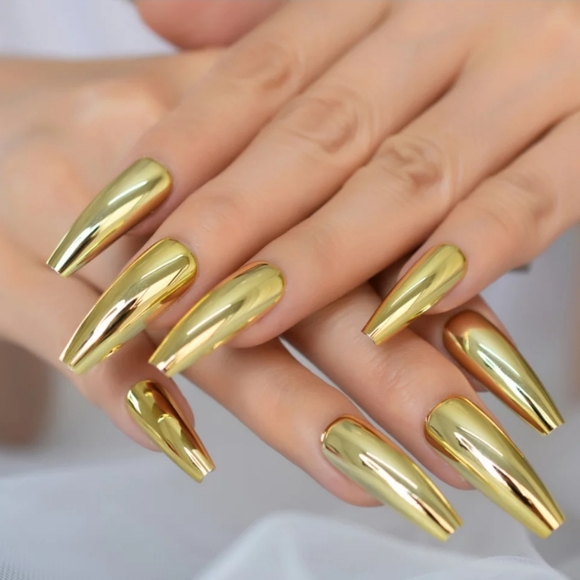 2xHP CHRISTMAS GOLD COFFIN 💅NAILS glue on PRESS ON w FREE SALON QUALITY GLUE ✨️ - Picture 2 of 8